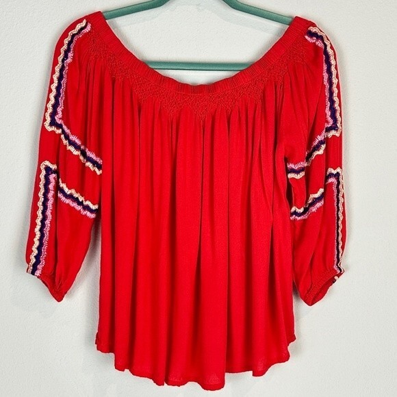 KAS New York Red Smocked Cold Shoulder Boho Top S - Picture 5 of 9